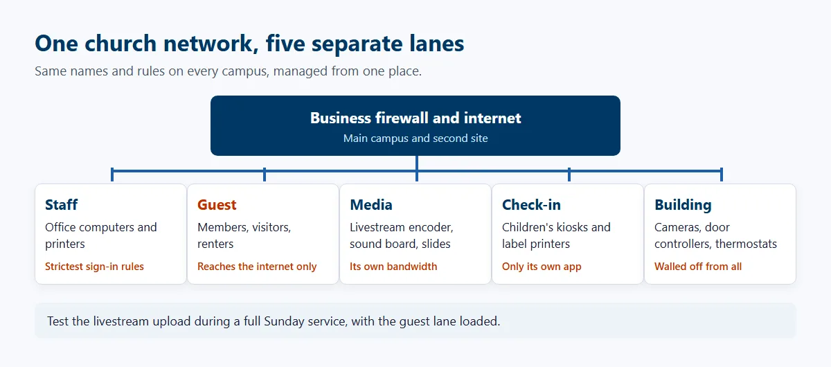 Diagram of a church network with one business firewall feeding five separate lanes for staff, guests, media and livestream, children check-in, and building systems, managed the same way on every campus