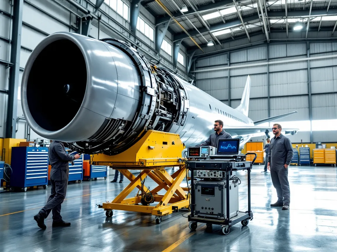 Jet engine on a yellow maintenance stand beside a cart of electronic test equipment in an aircraft hangar