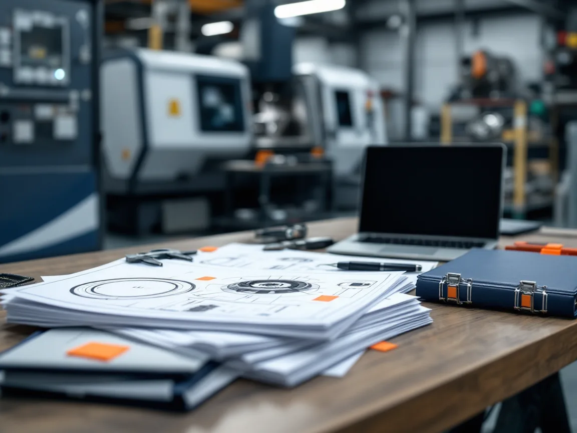 Stack of machined part drawings with orange tabs beside calipers and a laptop on a machine shop desk