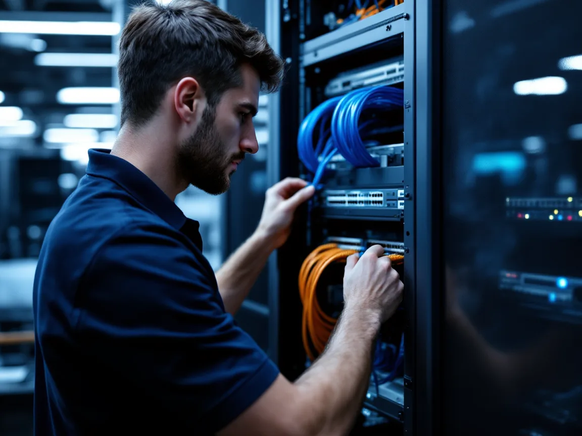 IT technician patching blue and orange network cables into separate switches in a small office rack