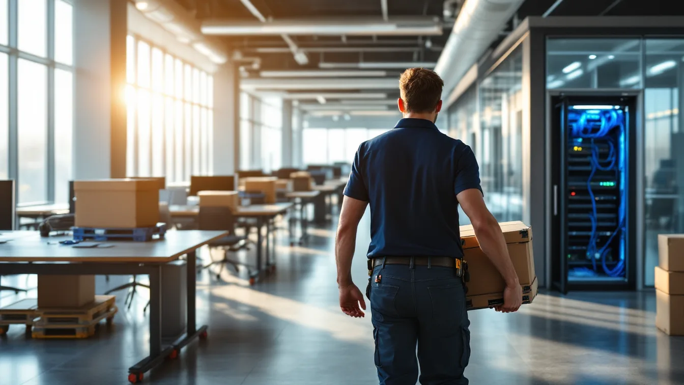 Technician in a navy polo carrying a box across a newly built headquarters office floor toward an open network rack, with moving crates on empty desks and afternoon sun through tall windows