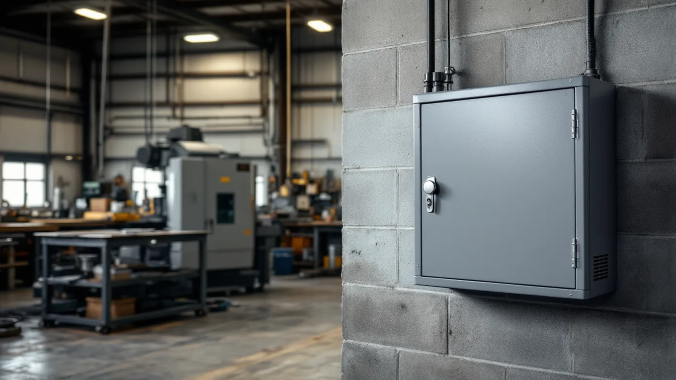 Closed grey network cabinet mounted on a cinder block wall in a metal fabrication shop, with a CNC milling machine and steel workbenches in the background