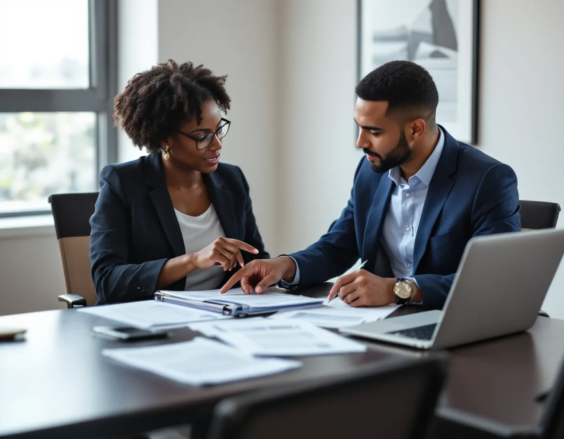 Accounting firm managing partner reviewing a printed security plan binder with an IT consultant at a conference table