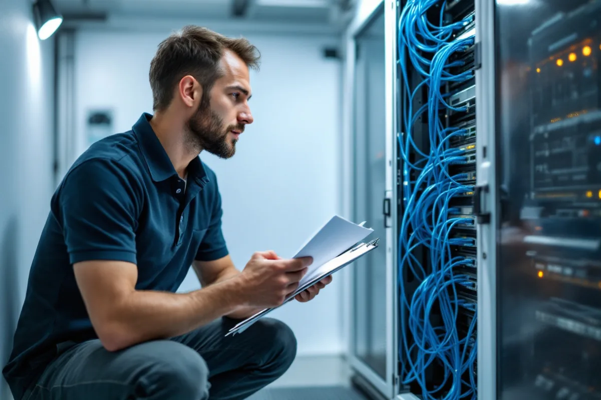 IT technician with a clipboard checking network rack cabling during a cyber insurance controls review in Dallas-Fort Worth