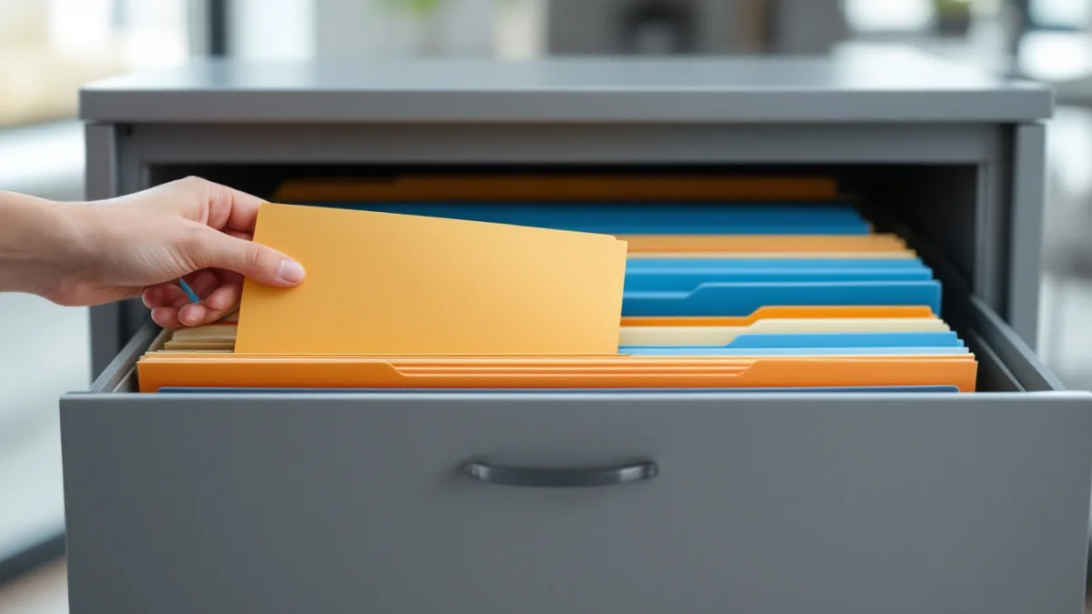 Hand filing a dated evidence folder into an organized cabinet drawer of cyber insurance control records