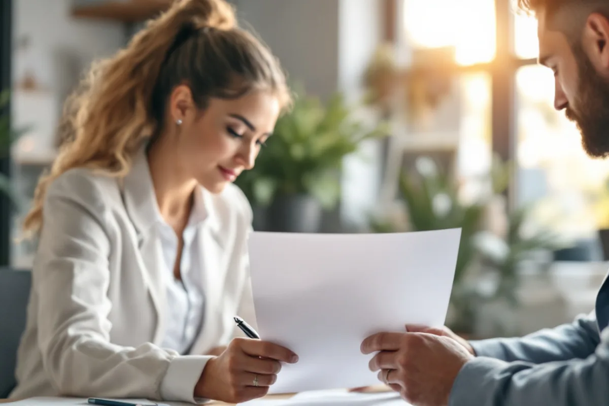 Security consultant and business owner reviewing a printed cyber insurance application together at an office desk