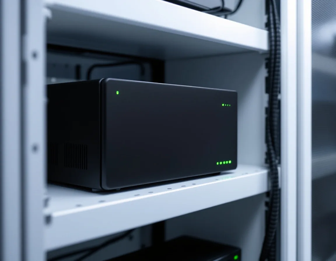 Black backup appliance with green status lights on a shelf in a small server closet