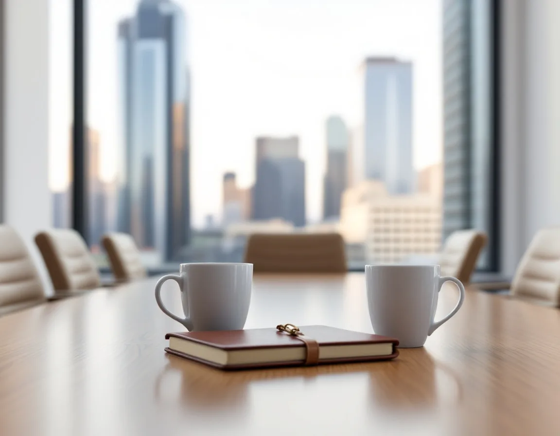 Empty conference table with two coffee mugs and a notebook in front of a window view of Dallas downtown towers