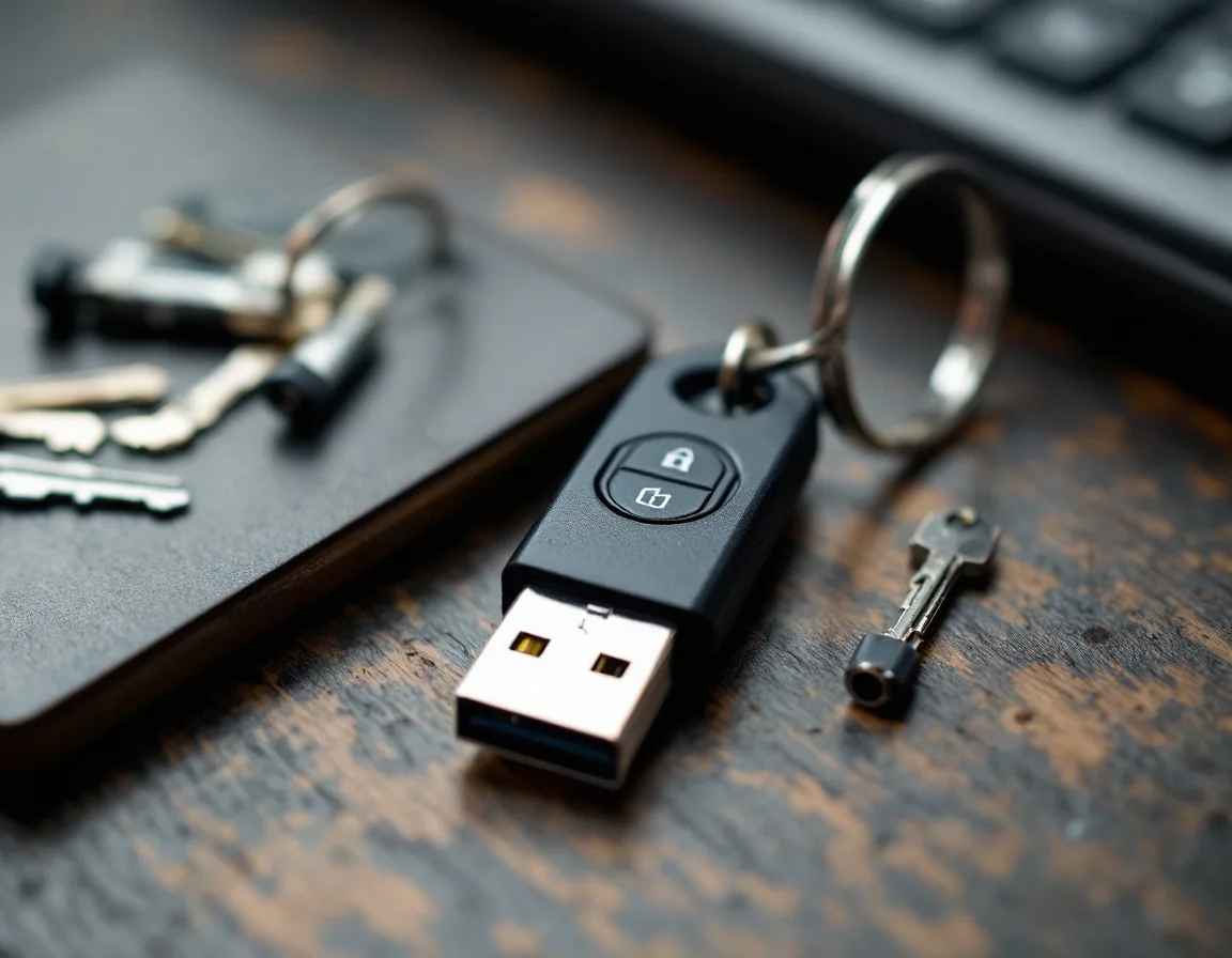 Physical USB security key on a keyring beside office keys, representing multifactor authentication for cyber insurance