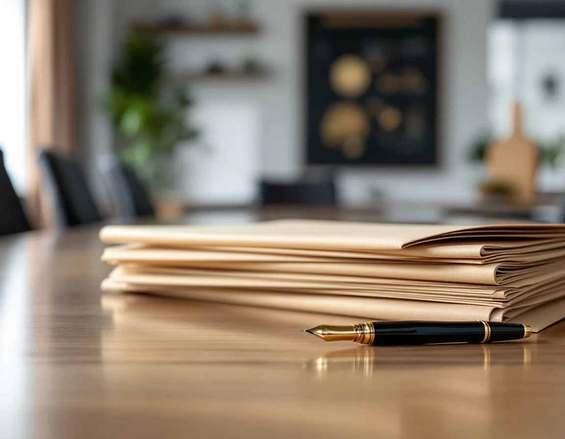 Stack of closed manila folders and a fountain pen on a conference table, representing a cyber insurance renewal packet