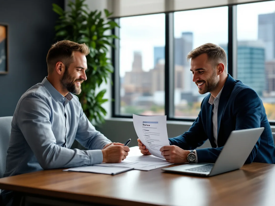 Business owner and IT account manager reviewing a printed support checklist at a conference table with a Dallas skyline view