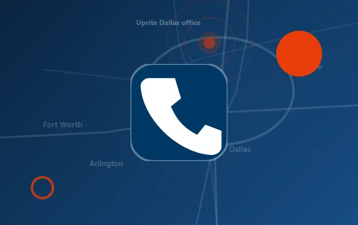 Business phone icon over a stylized DFW map
