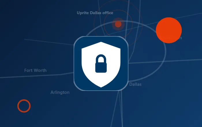 Cybersecurity shield icon over a stylized DFW map