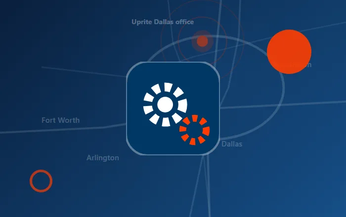 Gears icon over a stylized DFW map