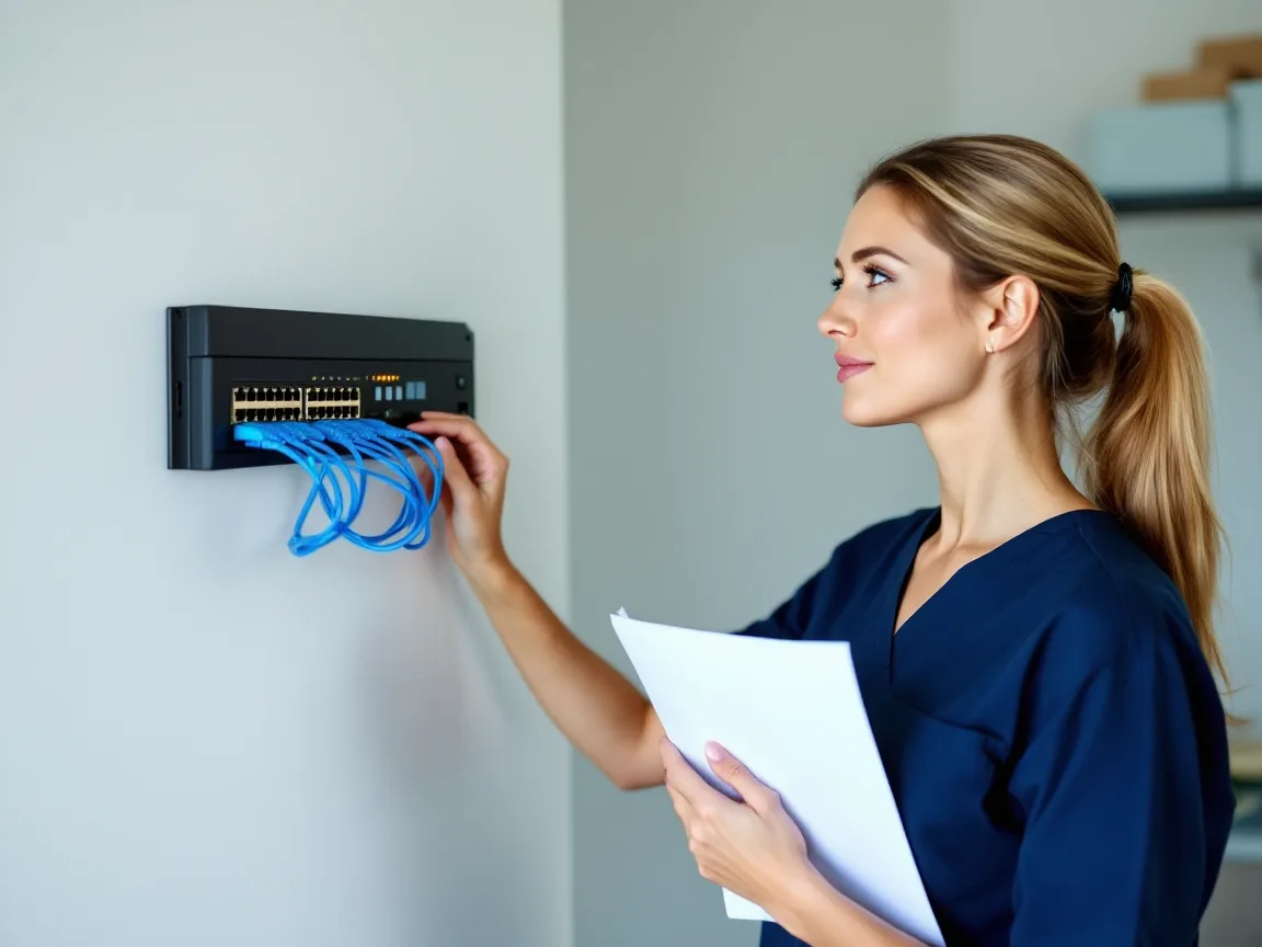 Dental office manager in navy scrubs holding a printed invoice while checking a wall-mounted network switch in a clinic back room