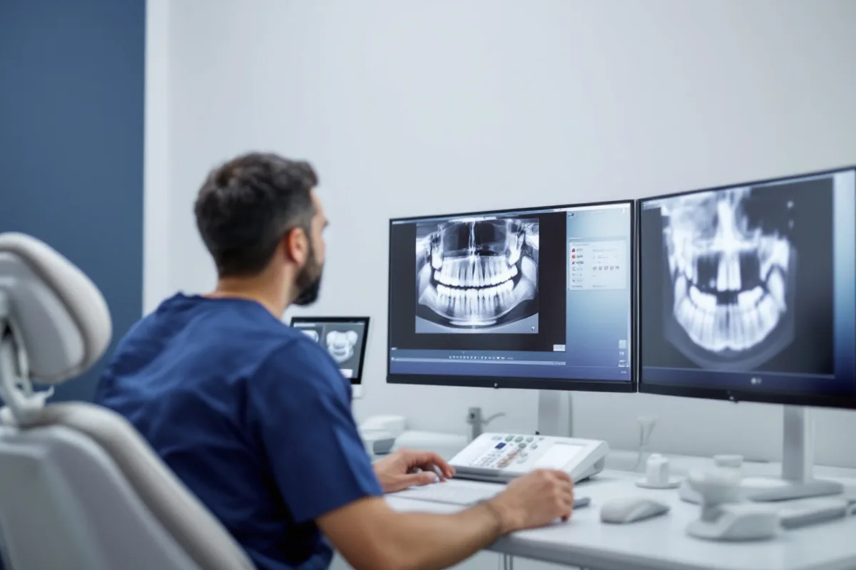 Dentist reviewing a panoramic dental x-ray across two monitors at an imaging workstation in a Dallas dental practice