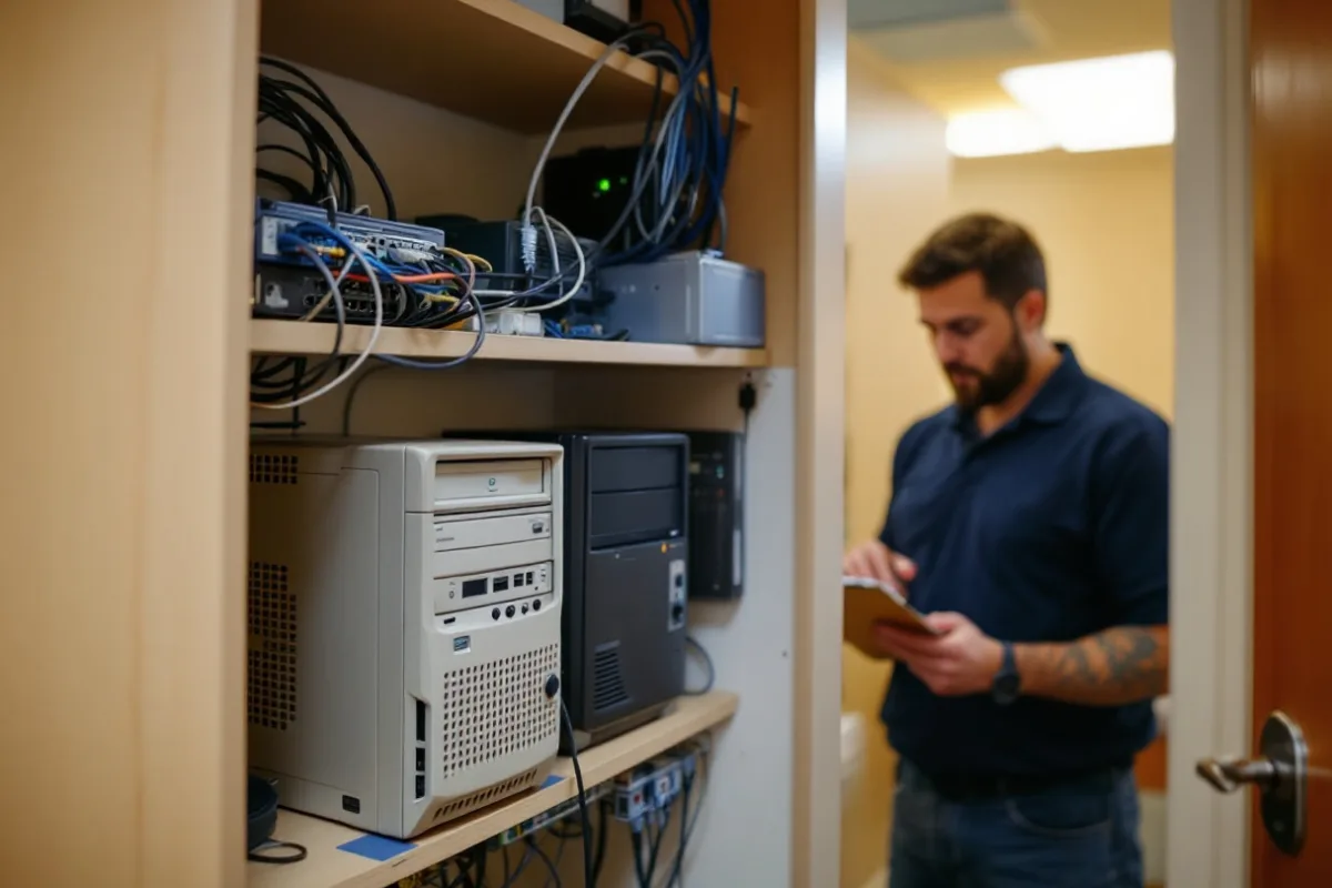 IT technician documenting an aging desktop tower used as a practice server in a dental office network closet in Dallas