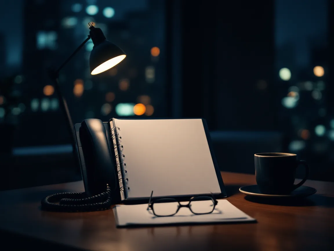 Corded desk phone, a blank spiral binder, reading glasses and a coffee cup on a wooden desk under a lamp at night with blurred city lights behind, the setting for a 2 AM incident response call