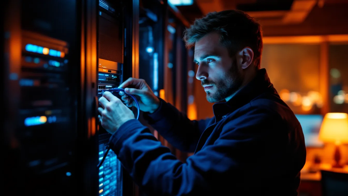 Security engineer in a navy jacket plugging a cable into a network switch in an office server closet at night, a desk lamp glowing in the dark office behind him