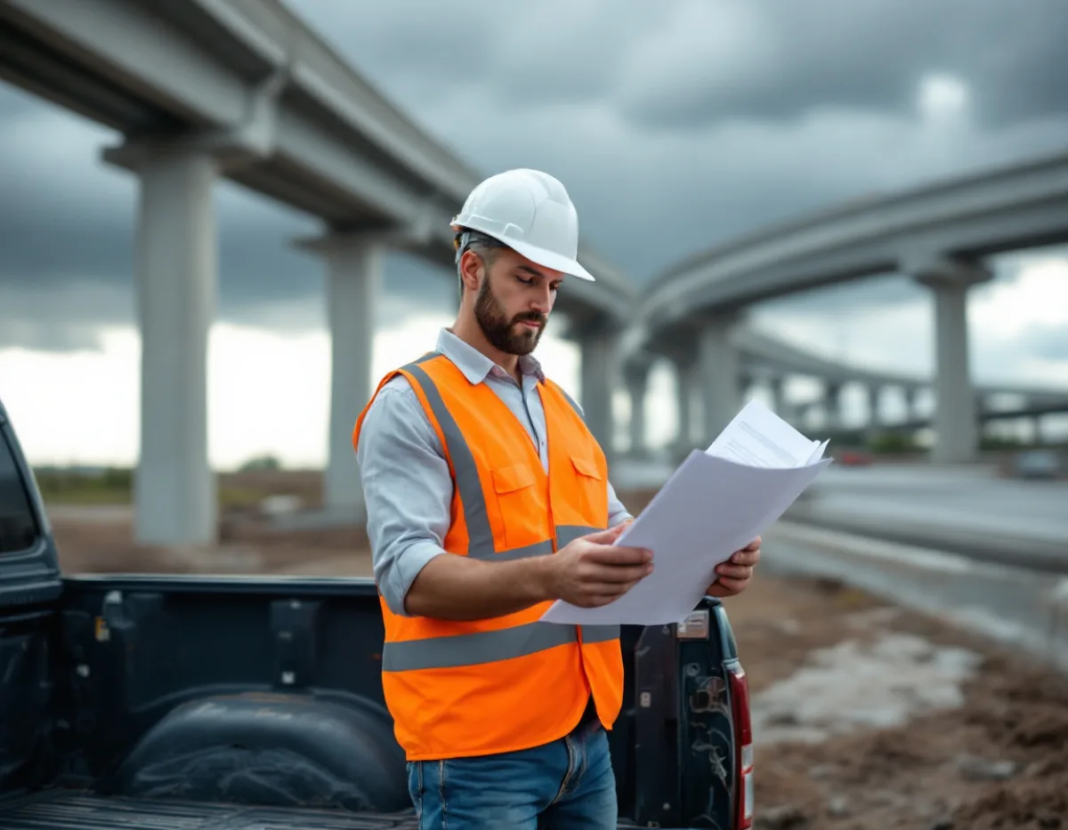 Civil engineer in a hard hat and safety vest reading printed plan sheets at a pickup tailgate below a Houston freeway interchange under storm clouds