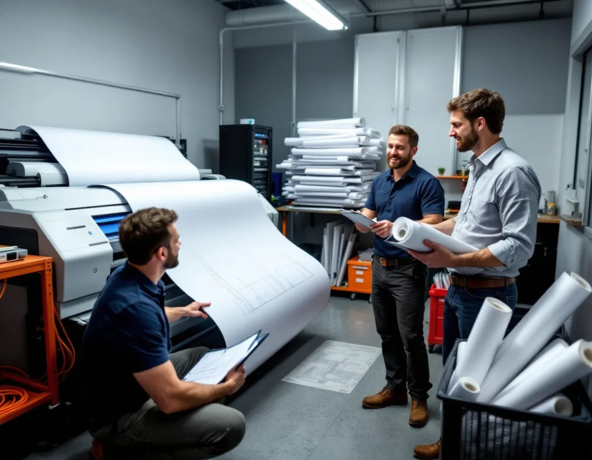 An IT technician and two engineers in a Houston engineering firm plot room beside a wide-format plotter, a network rack, and stacks of rolled drawings