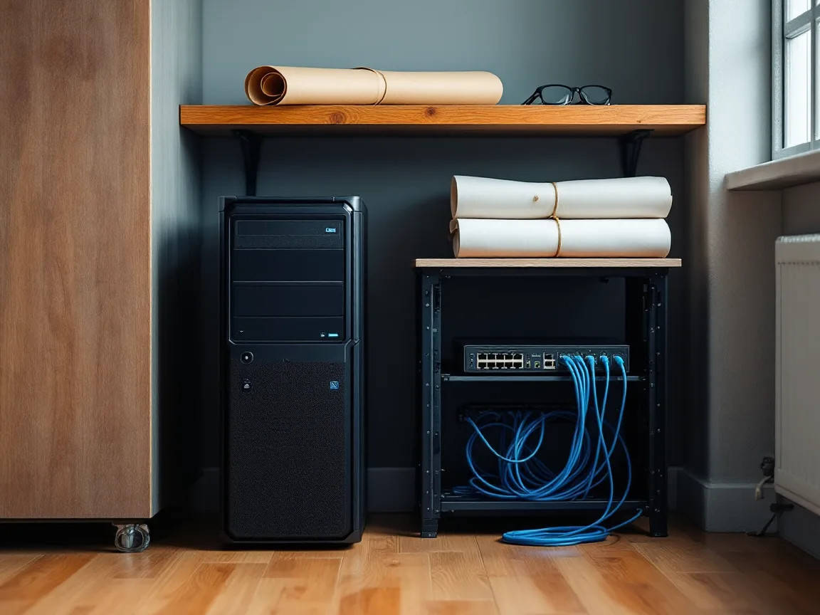 Tower workstation beside a small rack with a network switch and blue patch cables in an engineering office back room, rolled drawing sets and reading glasses on the shelves above