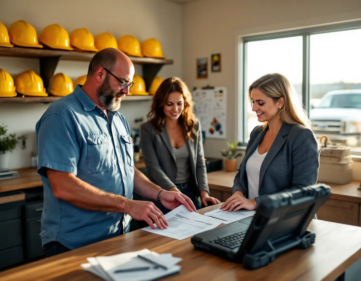 Field supervisor in a blue work shirt and two office staff in blazers reviewing a printed invoice at a wooden counter, with yellow hard hats on a shelf and a rugged laptop on the counter