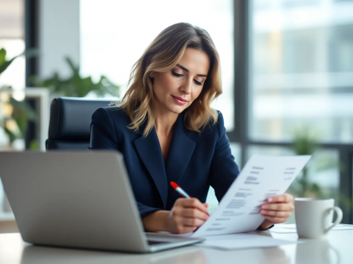 Finance director in a Dallas office circling a line item on a printed security invoice next to her laptop