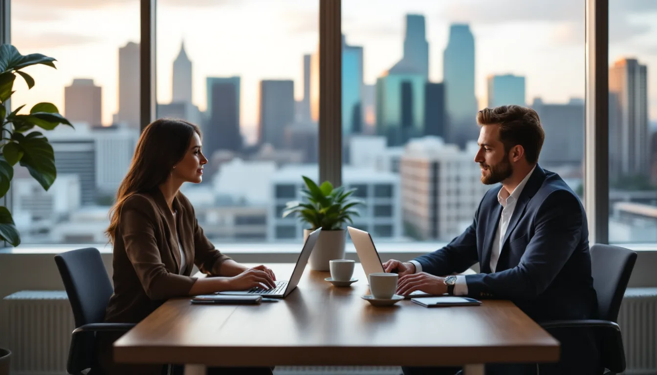 Two financial advisors talking at a conference table with laptops in a high-rise office overlooking a city skyline at sunset