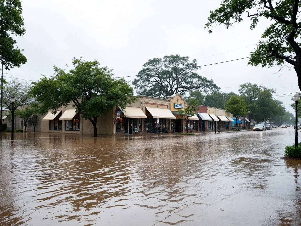 Floodwater covering a Houston street in front of a row of small business storefronts after heavy rain