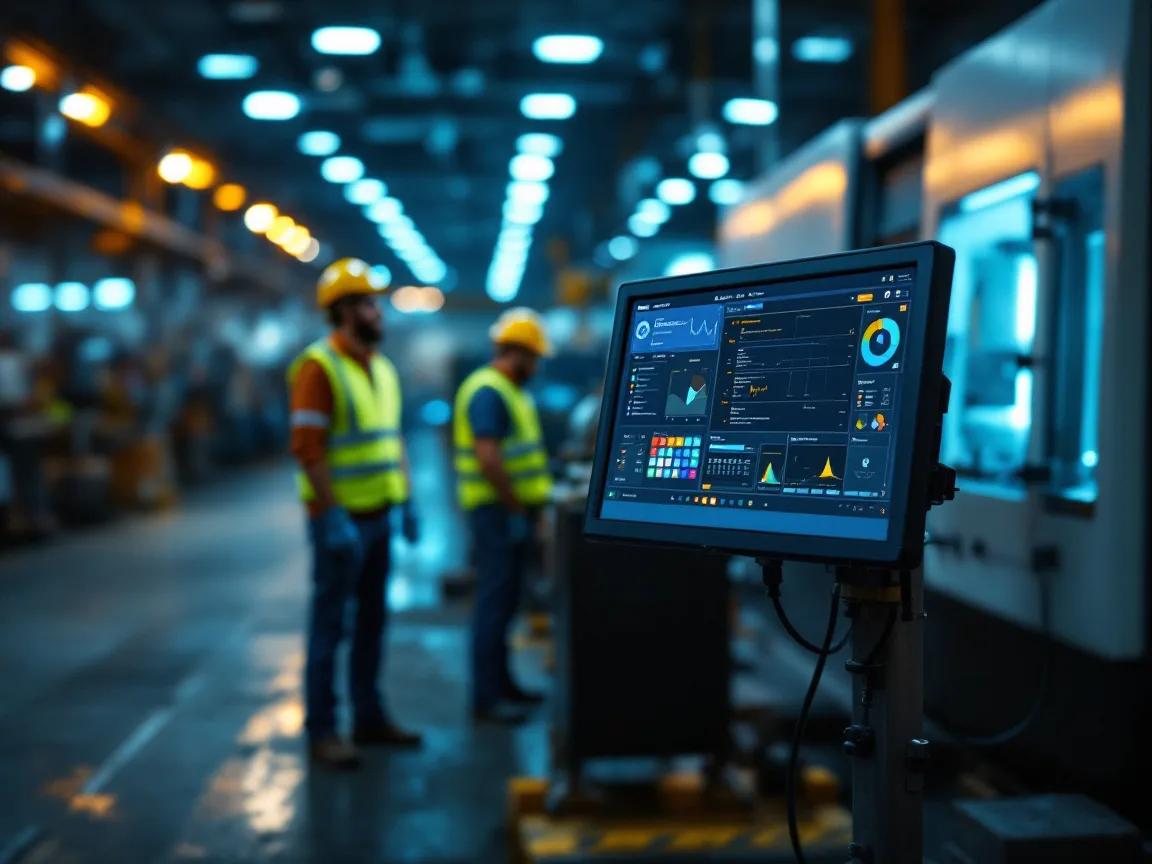 Shared touchscreen terminal on a stand beside machinery on a Fort Worth plant floor while two workers in hi-vis vests talk behind it