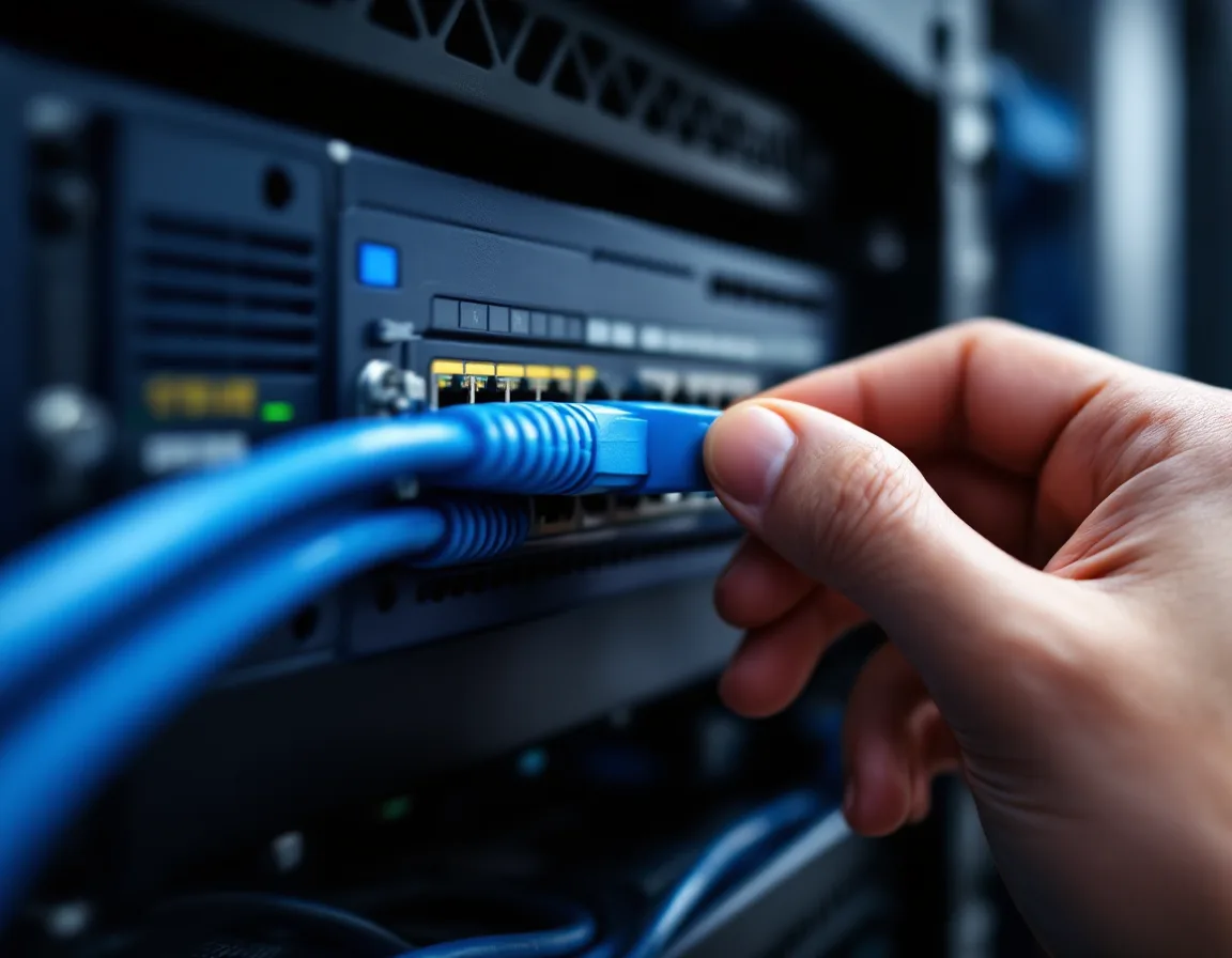 Close view of a hand pressing the latch to unplug a blue Ethernet cable from a rack-mounted network switch