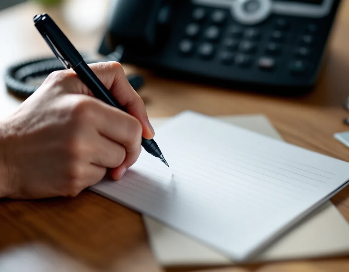 Hand writing with a black pen on a blank lined notepad beside a black desk phone on a wooden office desk