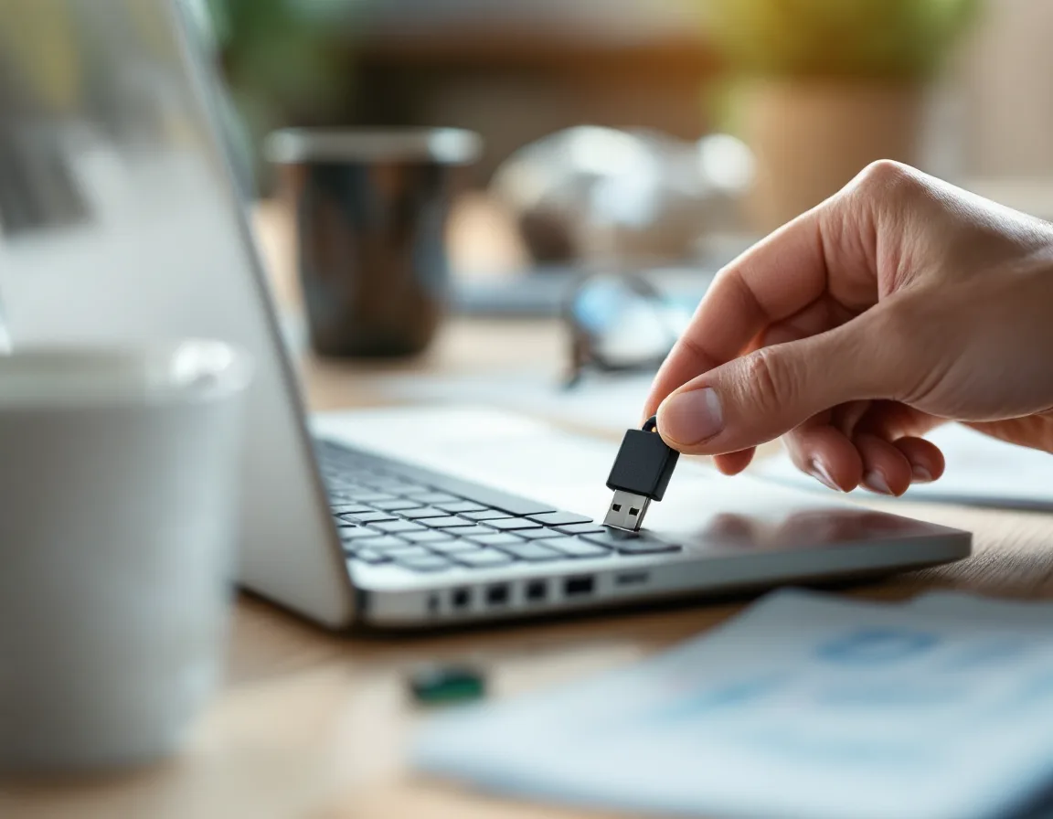 Hand holding a small black USB hardware security key over a laptop keyboard on a wooden office desk
