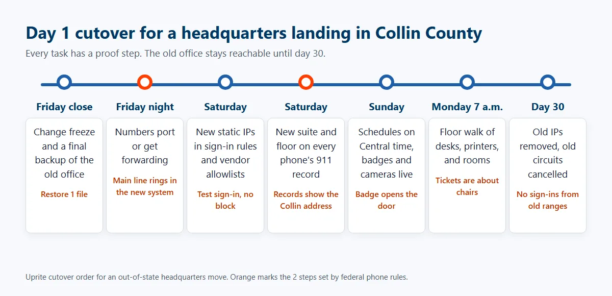 Timeline of a headquarters cutover from Friday close through day 30, covering backup, number porting, static IP allowlists, 911 records, badge readers, a Monday floor walk, and cancelling old circuits