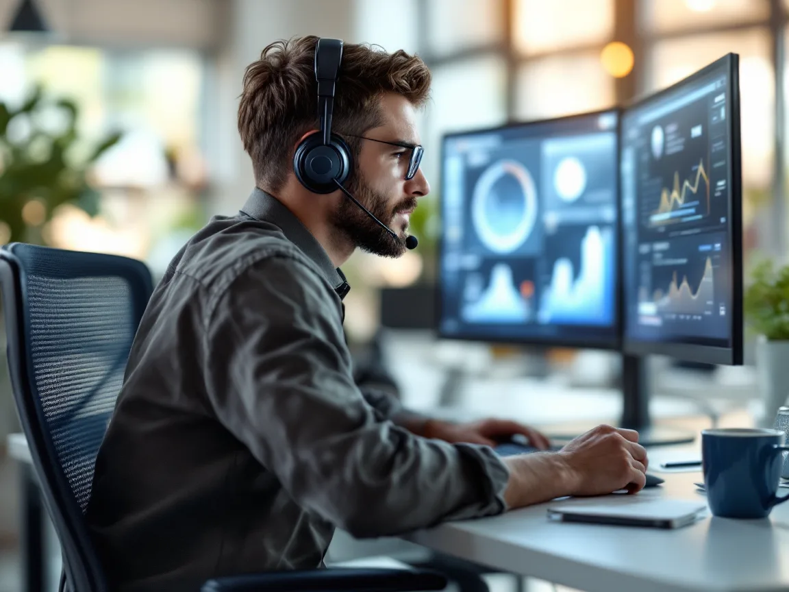 Help desk technician wearing a headset and working a remote support session on two monitors at a bright office desk