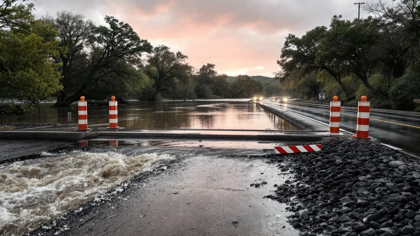 Floodwater running over a closed low-water crossing on a Texas Hill Country road at dawn, with orange and white barricades, a swollen river lined with oaks and cypress, and wet pavement under a pink sky