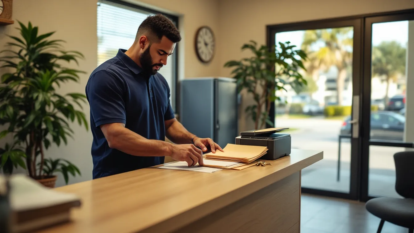 Leasing agent in a navy polo sorting manila folders at the front counter of a suburban Houston apartment leasing office, with a small printer, a ring of keys, and palm trees outside the glass doors
