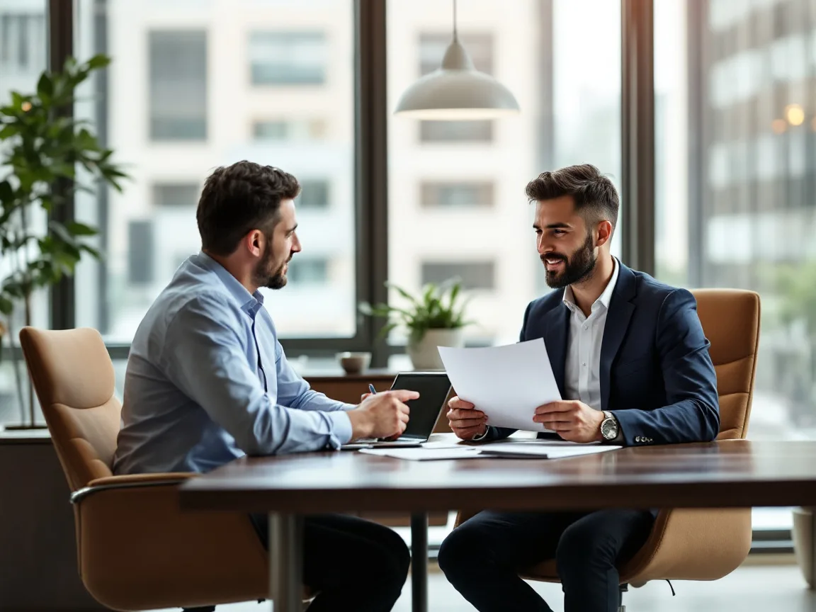 Business owner and an IT account manager comparing two printed proposals at a conference table in a Houston office