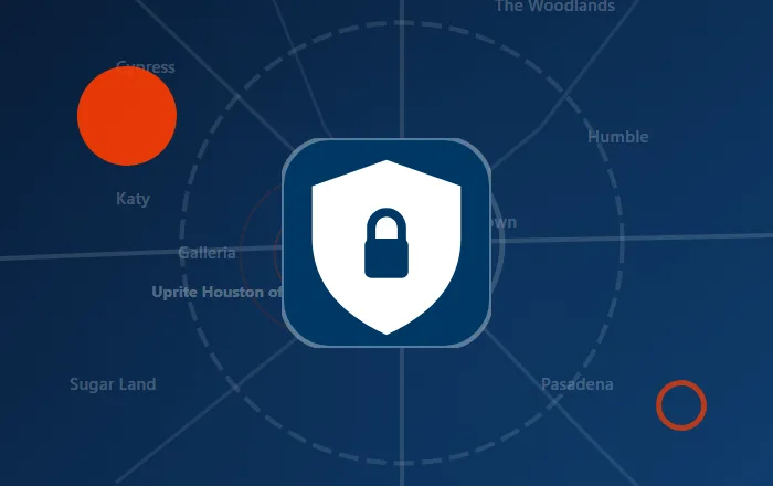 Cybersecurity shield icon over a stylized Houston map