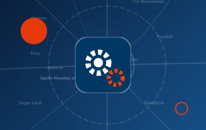 Gears icon over a stylized Houston map