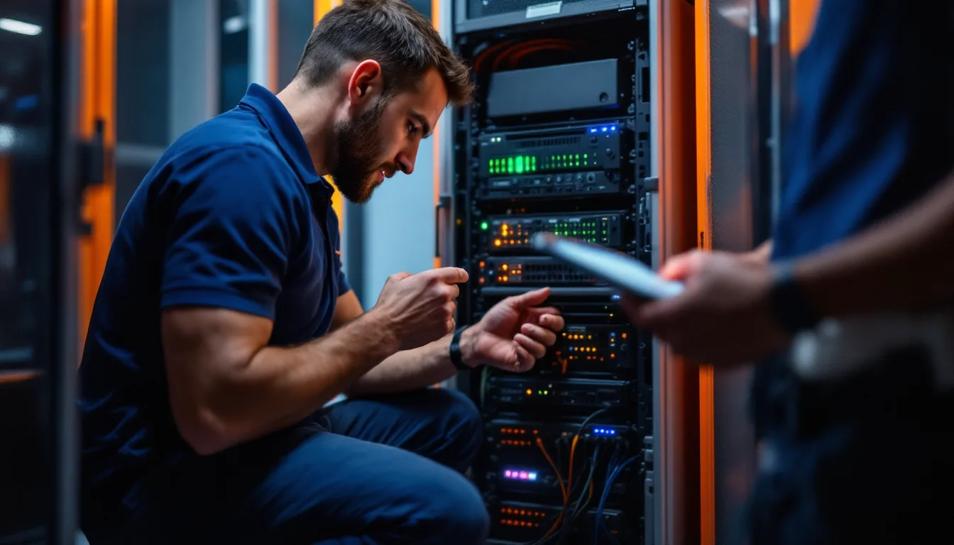 IT engineer in a navy polo kneeling at a server rack to check a backup appliance while a colleague holds a tablet, during a scheduled restore test