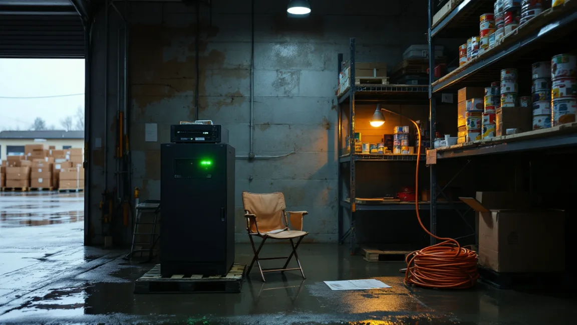 Food pantry storeroom the morning after a Houston storm, with a wet concrete floor, a network cabinet on a wooden pallet, shelves of canned goods, and an orange extension cord coiled under a work lamp