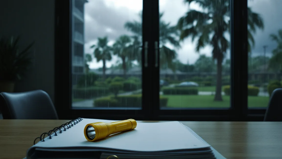 Dim apartment leasing office during a Houston tropical storm, with rain on the glass doors, palm trees bending outside, and a flashlight and keys left on the counter