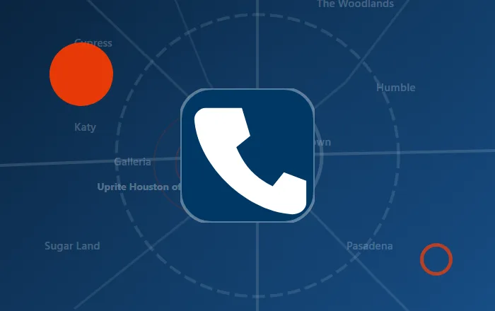Business phone icon over a stylized Houston map