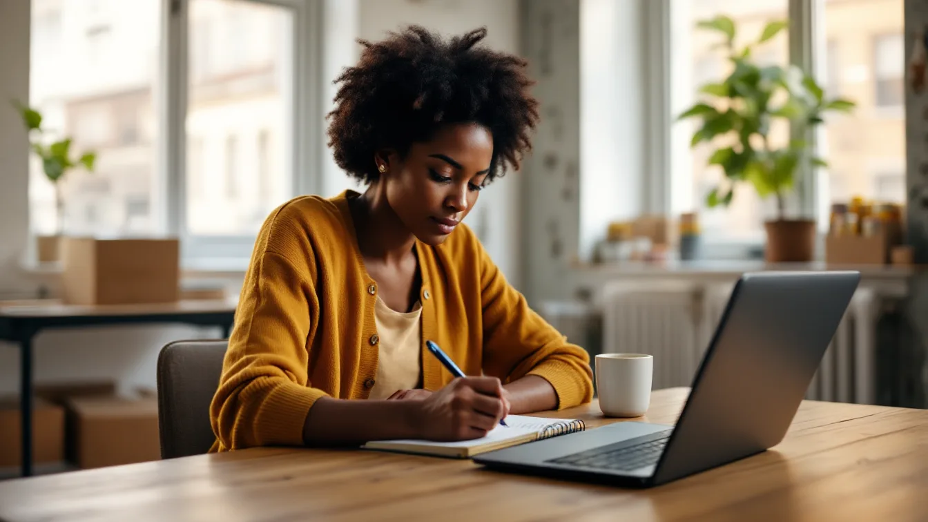 Nonprofit director in a mustard cardigan writing budget notes in a spiral notebook at a wooden table in a small Houston community office, with a laptop, a coffee mug, and donation boxes nearby
