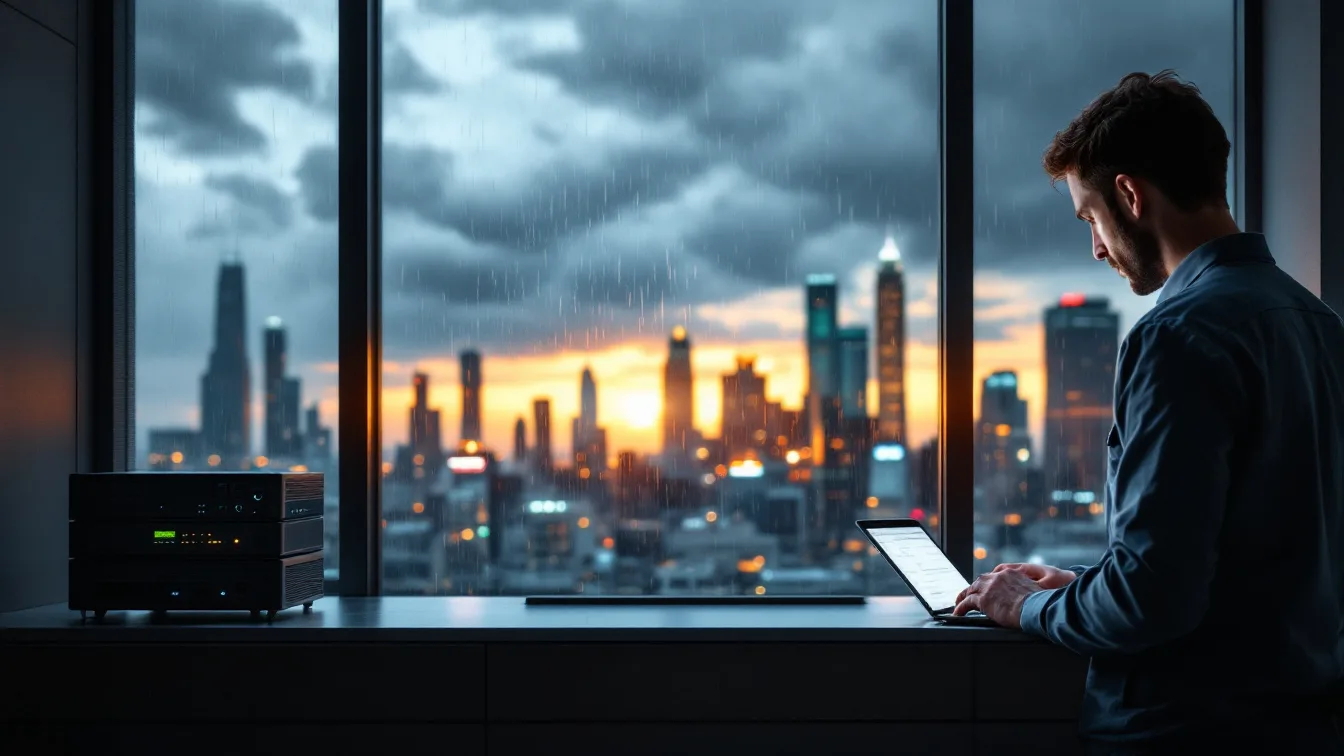 IT professional checking a laptop beside a backup appliance in a Houston office while a storm passes over the downtown skyline