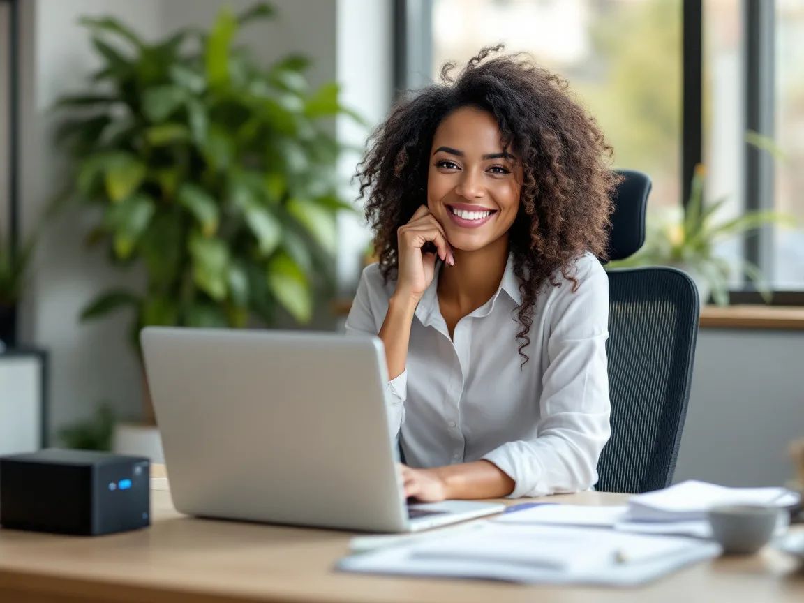 Houston office manager working at her laptop with a small local backup storage box on the desk beside her