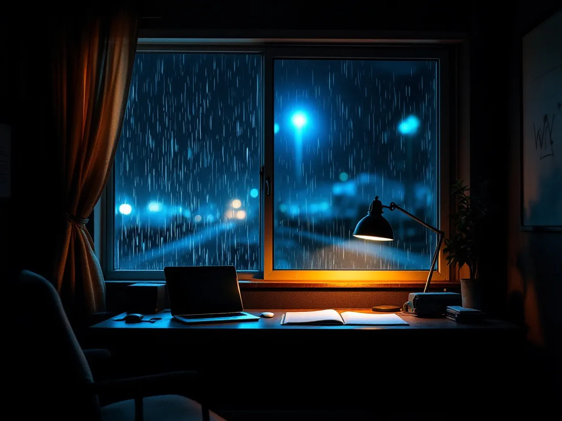 Dark small office with rain on the windows during a Gulf Coast storm and a single laptop glowing on the desk