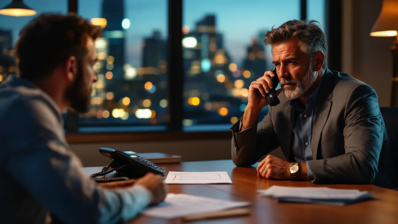 Houston business owner on a corded phone at night while a colleague sorts printed ransomware reporting papers across the table